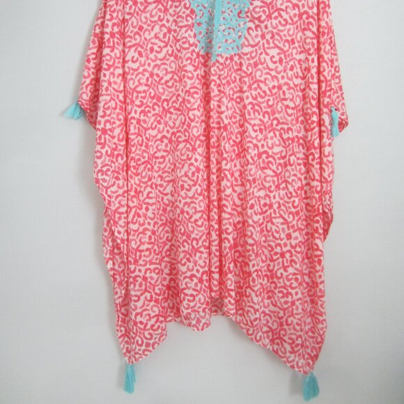 Tommy Bahama Womens One Size Pink White Aqua Blue Cotton Cover Up Tassles O/S - Picture 4 of 9